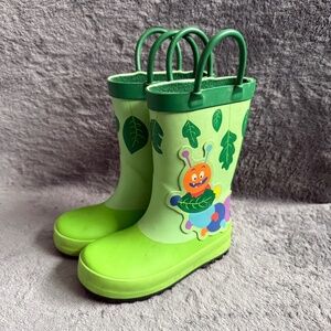7c Cat & Jack Kesi Toddler Green Rain Boots Caterpillar Leaf Graphic Calf Height